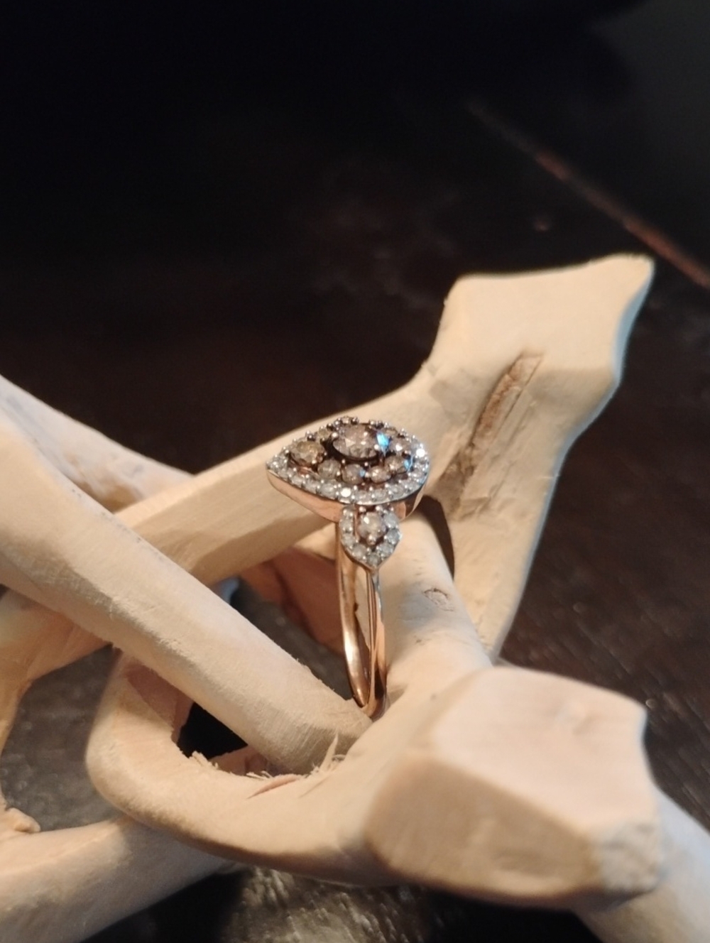 10k Rose Gold Genuine Champagne & White Diamond Pear Shaped Ring - Picture 5 of 5